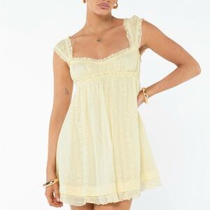 Altar’d State Pale Yellow Babydoll Eyelet Mini Easter Dress